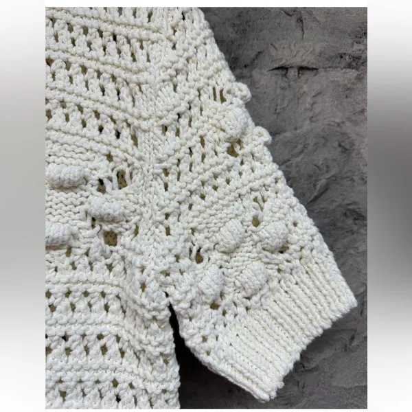 Zara off white cream ivory crochet short sleeve tie front knit sweater cardigan - Image 2