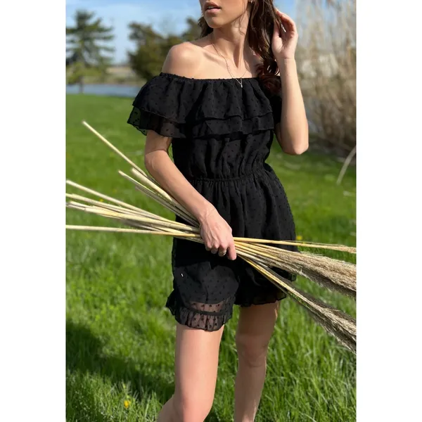 Lulus Frilled to Bits Black Swiss Dot Off-the-Shoulder Romper size Medium NWT - Image 4