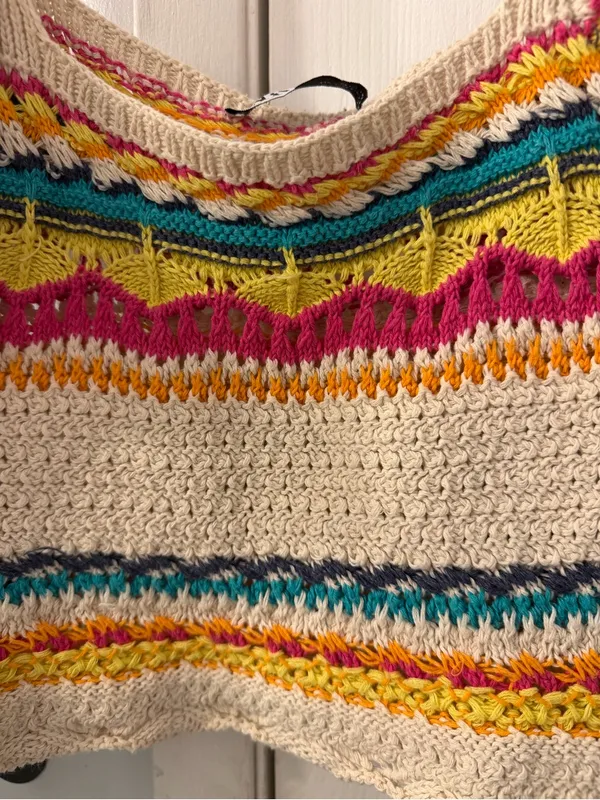Zara Cream Crochet Crop Top with Yellow, Pink, Teal & Orange Stripes - Image 2