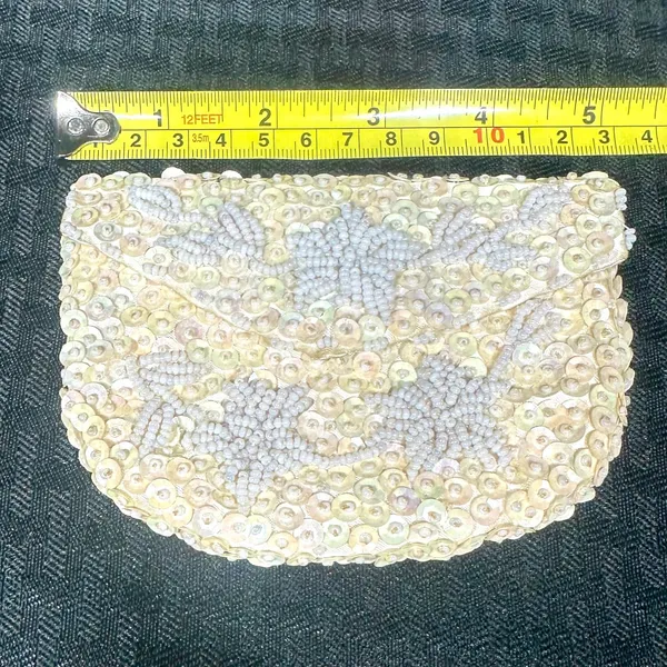 Vintage Safco Beaded Sequin Coin Purse‎ Ivory Evening Bag Handmade Hong Kong - Image 4