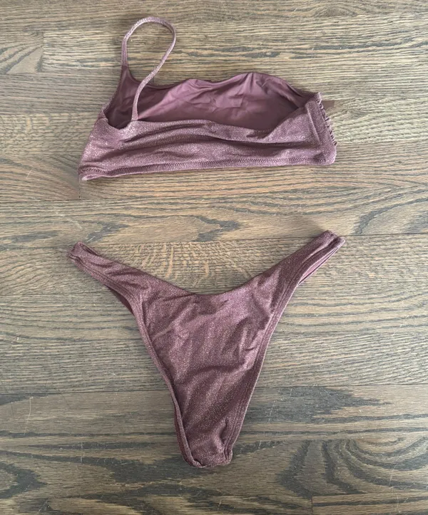 Vitamin A Asymmetrical One Shoulder Sparkly Plum Purple Bikini Set - Image 3