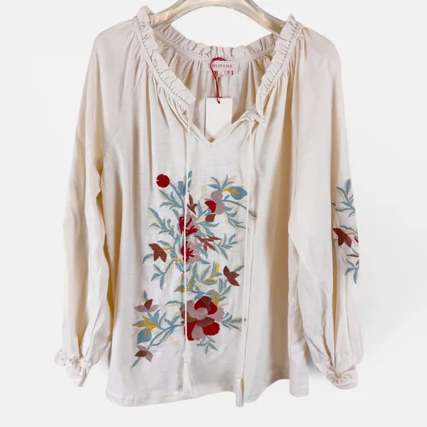 Solitaire Cream Floral Embroidered Boho Blouse Size Large - Image 2