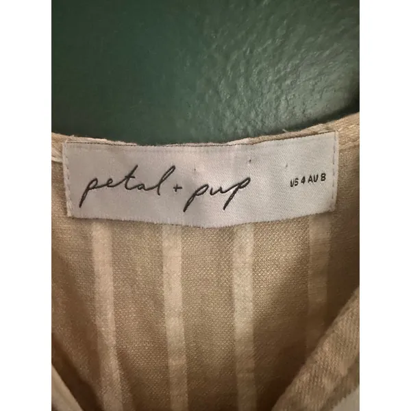 Petal + Pup Odette Midi Dress Womens 4 Tan White Striped Linen Blend V-Neck‎ - Image 6