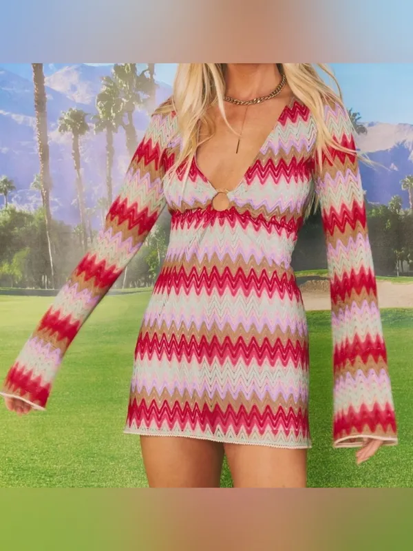 Show Me Your MuMu Monte Carlo Crochet Knit Romper Mini Dress in Riviera Zigzag M - Image 10