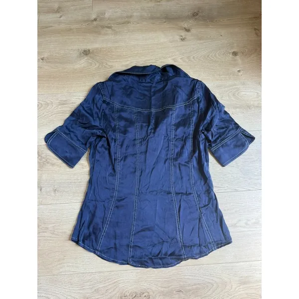 EUC Cache short sleeve pearl snap blue button up pockets western SILK size S VTG - Image 2