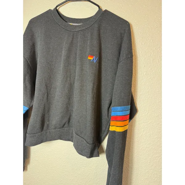 Aviator Nation 5 Stripe Crew Sweatshirt Black Rainbow Sleeve Stripes XS‎ - Image 4