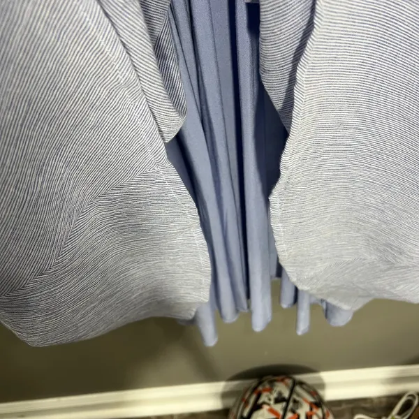 Lulus Pinstripe Midi Dress Womens Large Blue NWT Ruffle Cold Shoulder Pocket - Image 5
