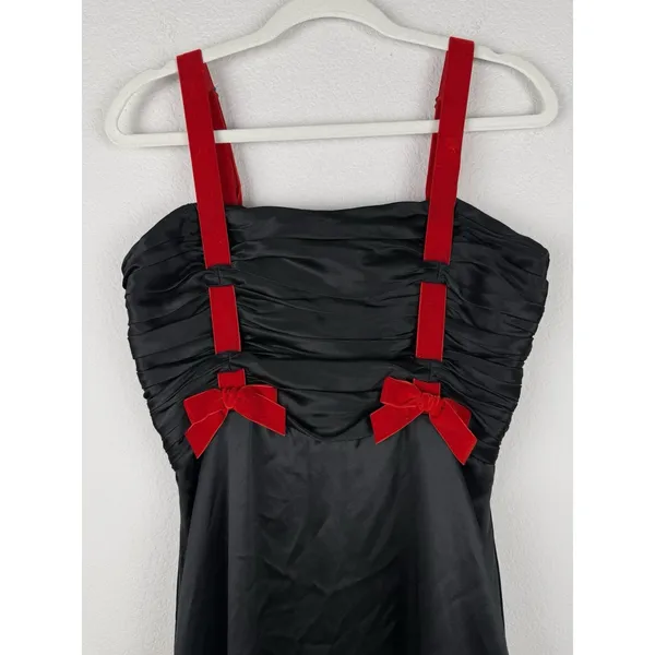 Betsey Johnson NY Vintage 90s Y2K Black Silk Red Velvet Bow Dress Gown Goth Punk - Image 3