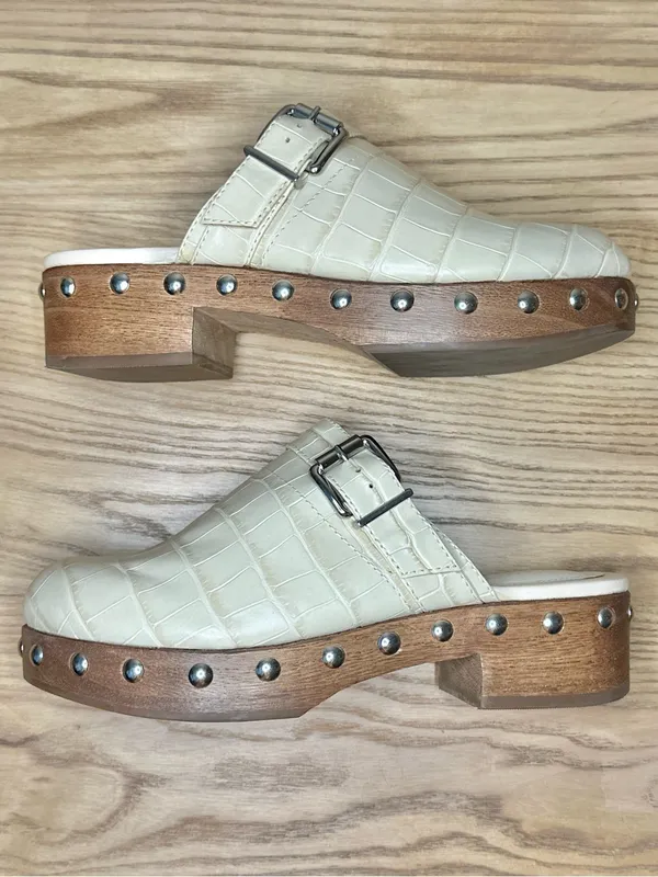 Schutz Smooshy Croc Embossed Clog Mules Wooden Heel Studded Buckle - Image 4