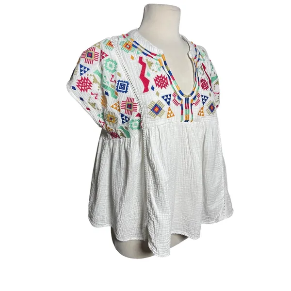 UMGEE Women’s Boho White Gauze Embroidered Babydoll Short Sleeve Top - Image 3