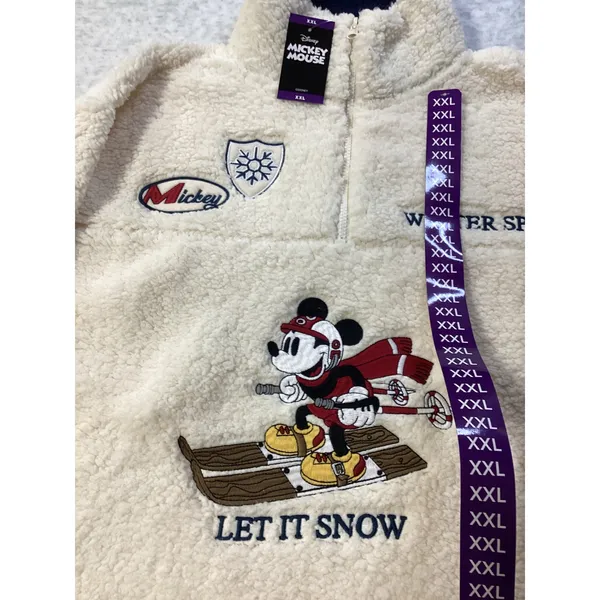 Disney Mickey‎ Mouse Winter Sports Sherpa Fleece Half Zip Pullover Off White XXL - Image 2