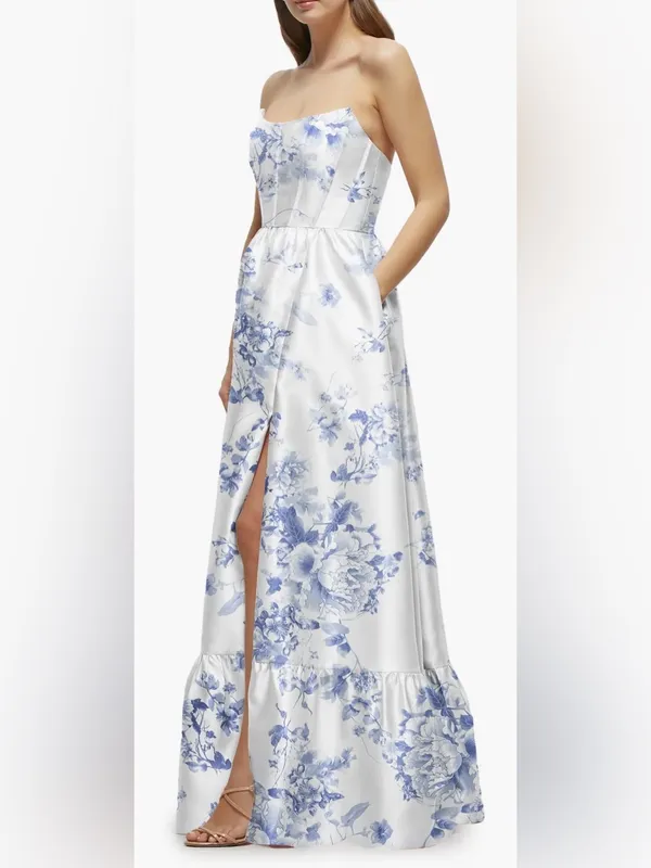 NEW Dessy Collection Floral Strapless Bustier Bodice Satin cottage rose Gown Sz - Image 3