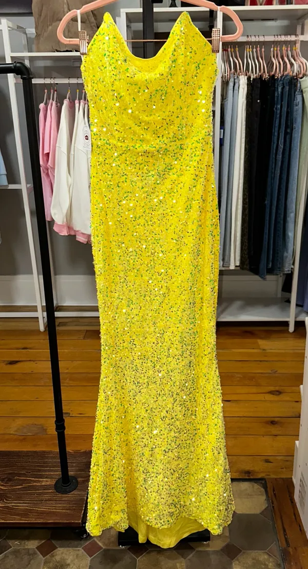 Boutique Yellow strapless sequined maxi prom dress - Image 8