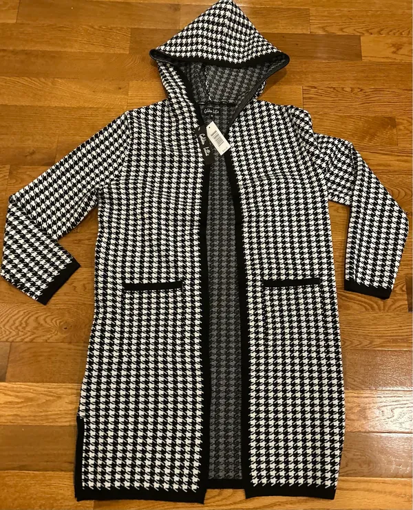Golden Lillie Women's Long Hooded Cardigan Sweater Houndstooth Jacket M - Image 7