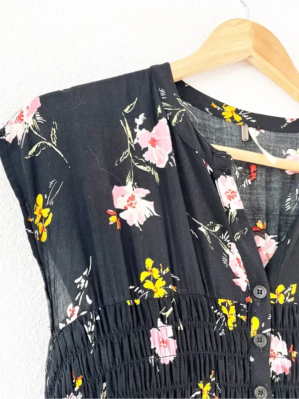 Free People Greatest Day Black Floral Smocked Boho Button Front Mini Dress - Image 5