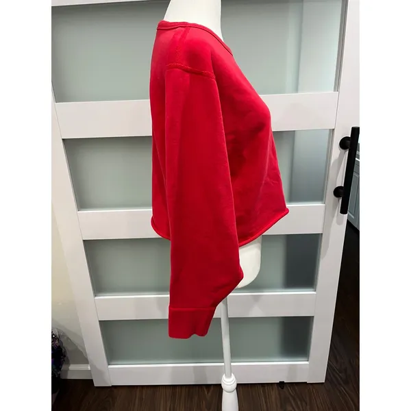 Rag & Bone JEAN Red Cropped French‎ Terry Sweatshirt Raw Hem Medium - Image 2
