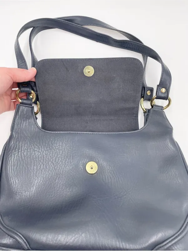 American Vintage Vintage Navy Blue Faux Leather Shoulder Bag Purse Double Handles Minimalist 90s - Image 4