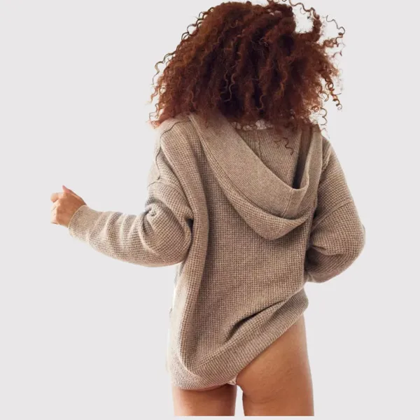 Aerie Womens Sweater Brown CozyUp Waffle Hoodie V Neck Pullover Stretch Large - Image 3