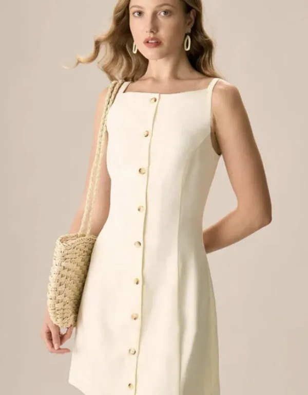 RIHOAS The Beige Boat Neck Button Mini Dress 3 - Image 3