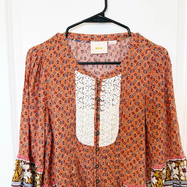 Anthropologie Floral Top Sz 6 Button Front Bell Sleeve Boho Indie‎ Festival - Image 2
