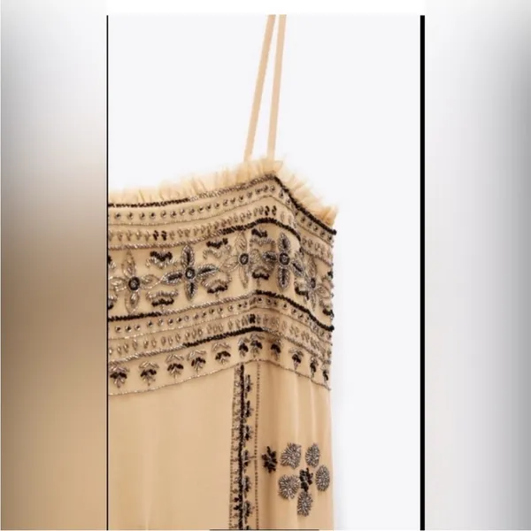 Zara NWT tan embellished beaded mesh midi maxi dress - Image 6