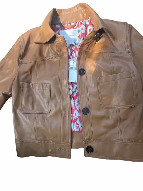NEW Anthropologie Katy cropped vegan leather button jacket camel brown coat Xs - Image 7