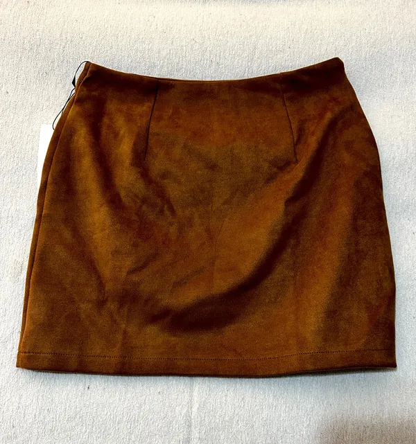 Brown Suede look Mini Skirt Side Slit Size S - Image 2