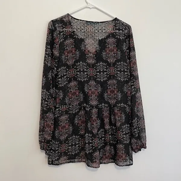 MAURICES Black Geometric Swiss Dot Crochet Lace Up Long Sleeve Peasant Top Tunic - Image 13