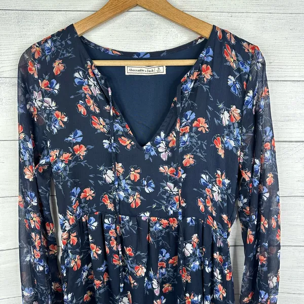 Abercrombie & Fitch Womens size Small Floral Boho Sheer Sleeve Dress Blue - Image 3