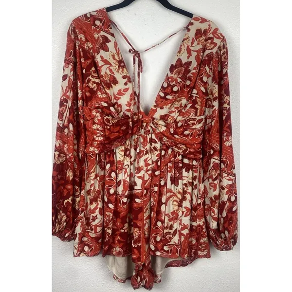 Free People Red Cream Floral V-Neck Long Balloon Sleeve Romper S Rayon - Image 3
