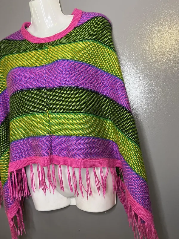Colorful Striped Poncho Womens One Size Multicolor Fringe Knit Boho Lightweight - Image 5