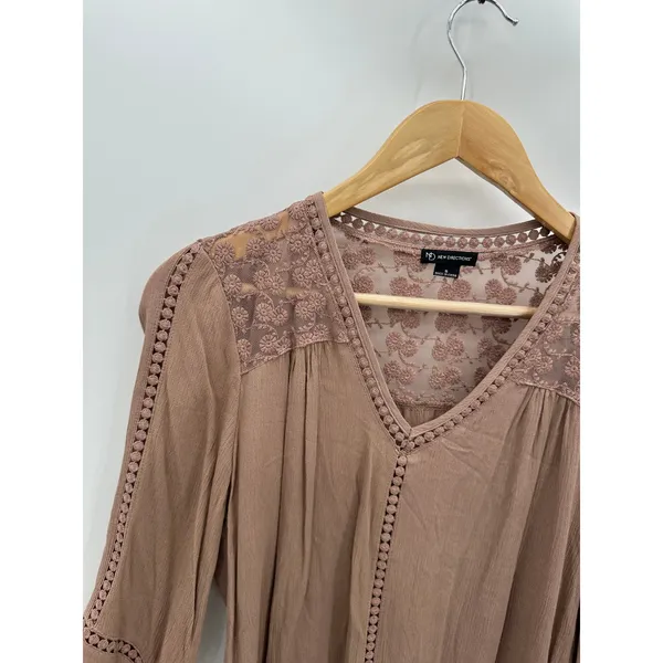 New‎ Directions Mauve Taupe Lace Crochet V-Neck Peasant Blouse Small M9990199N4 - Image 5