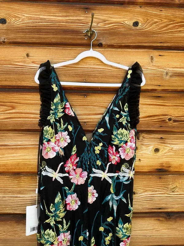 NWT Mac Duggal Embroidered Floral Plunge Neck Trumpet Gown Black Multi Size 10 - Image 14