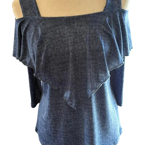 Blue off the shoulder top with ruffle detail. Size: S - Image 2