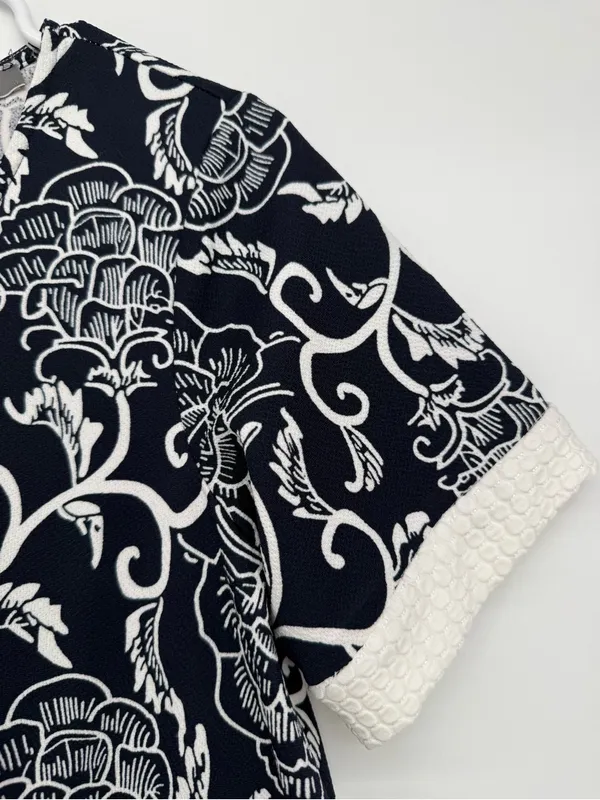 Navy Floral Asymmetrical A-Line Dress with White Trim - Image 7