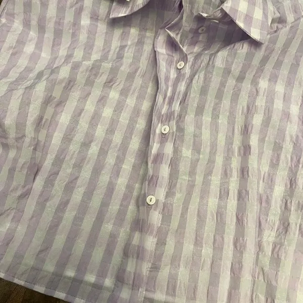 Zara Cropped Lilac Gingham Shoulder Padded Poplin Shirt - Image 9