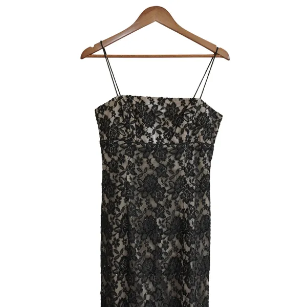 Vintage Y2K 90s Prom Black Maxi Dress Floral Beaded Lace Formal Column Gown - Image 2