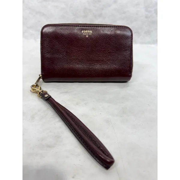 Fossil Logan Zip Around Clutch Wallet Burgundy Leather Teal Interior Wristlet - Image 10