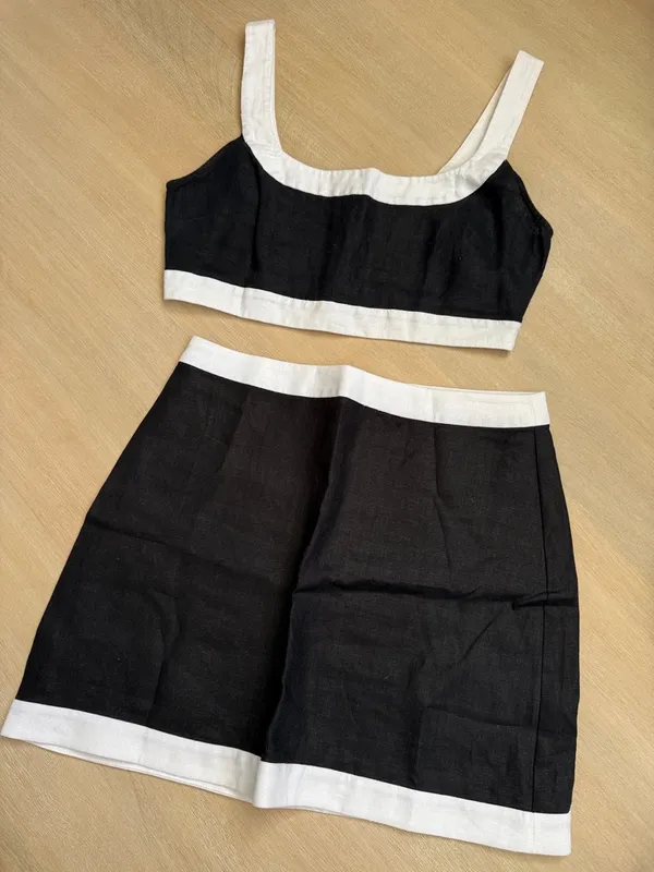Reformation Robbie Linen Black and White Contrast Crop Top & Mini Skirt Set - Image 5