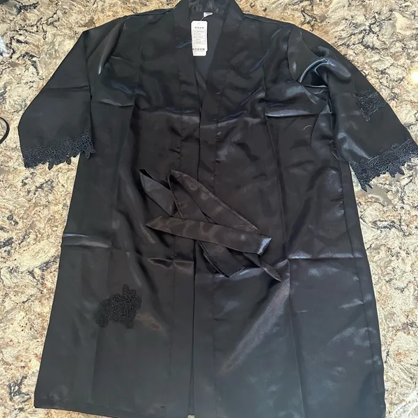 Black Satin Pajama Set Robe Pants Nightie Lace Trim Womens Size M/L New Lingerie - Image 3