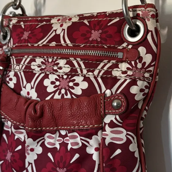 Fossil‎ Red Floral Canvas Leather Trim Crossbody Bag Small Messenger Purse - Image 5