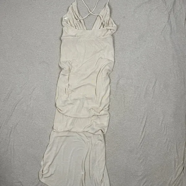 Mable Ruched‎ Wrap Maxi Dress Beige Spaghetti Strap Halter Neck Size S - Image 4