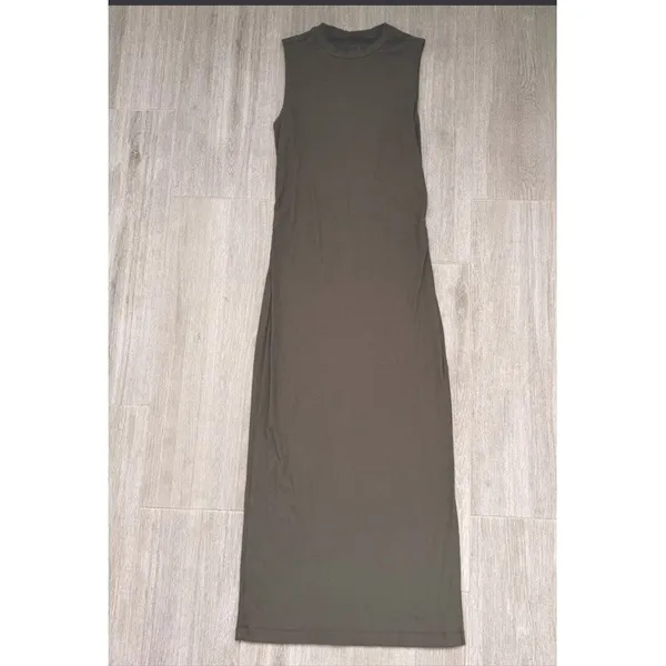 Vuori Pose Modern Maxi Dress Small Olive Green Ribbed Ruched Sleeveless Mock - Image 8