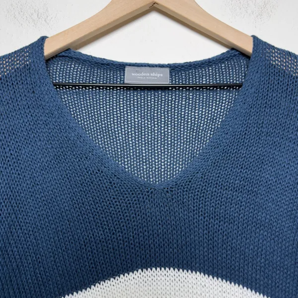 Wooden Ships Women Cotton Knit Sweater Blue White Stripe Beach Coastal Fisherman - Image 2