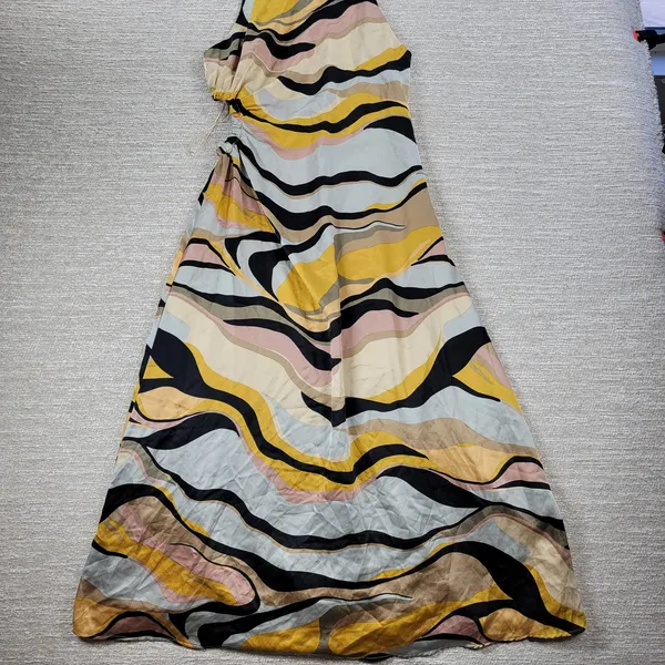 Sugarlips Lourdes Cut Out Dress Womens Large Yellow Tan Ruched Midi Silky Lined - Image 15