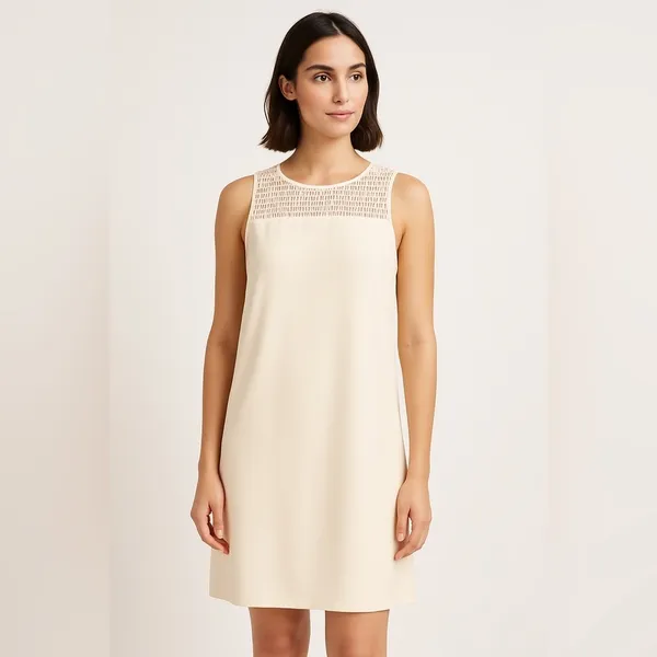 Cream Sleeveless Shift Dress XL Textured Crochet Yoke Lined Neutral Minimalist - Image 9