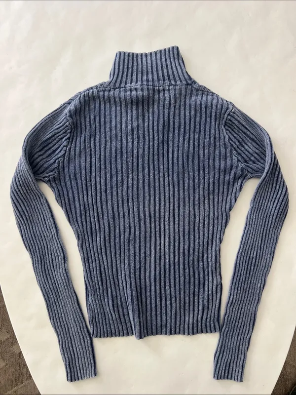 Vintage FRIENDS Blue Acid Wash Ribbed Mock Neck Stretchy Longsleeve Top M - Image 2
