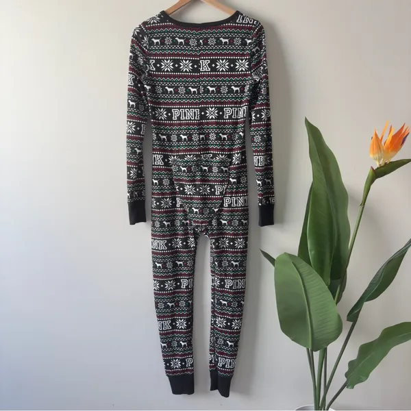 PINK Victoria's Secret Fair Isle Dog Patterned Pajama One Piece Onesie Jumpsuit - Image 3