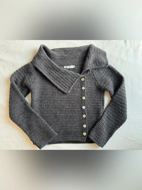 Zara Asymmetric Cropped Knit Sweater Off Shoulder Medium Grey Blue - Image 3