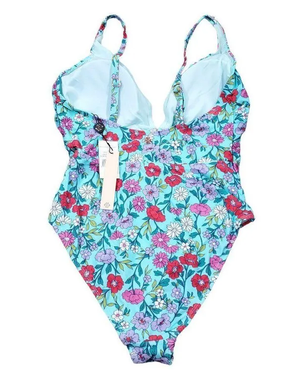 Nanette Lepore Swim Plunging Floral One Piece Swimsuit Light Blue Size 12 - Image 3